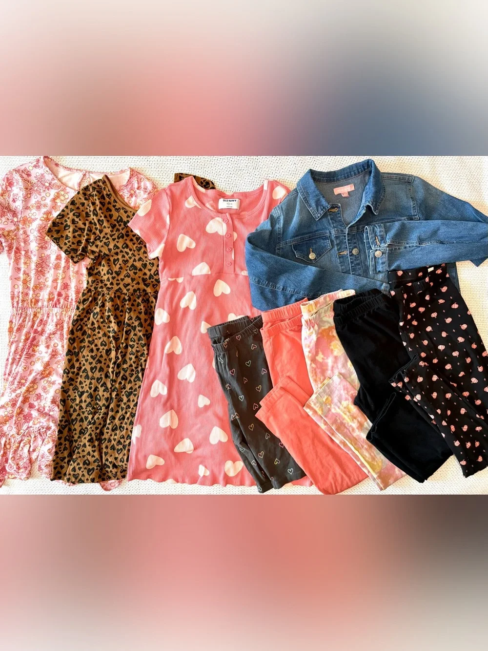 Girls dresses, leggings & Denim Jacket lot, fun prints, pink, rainbow, Old Navy